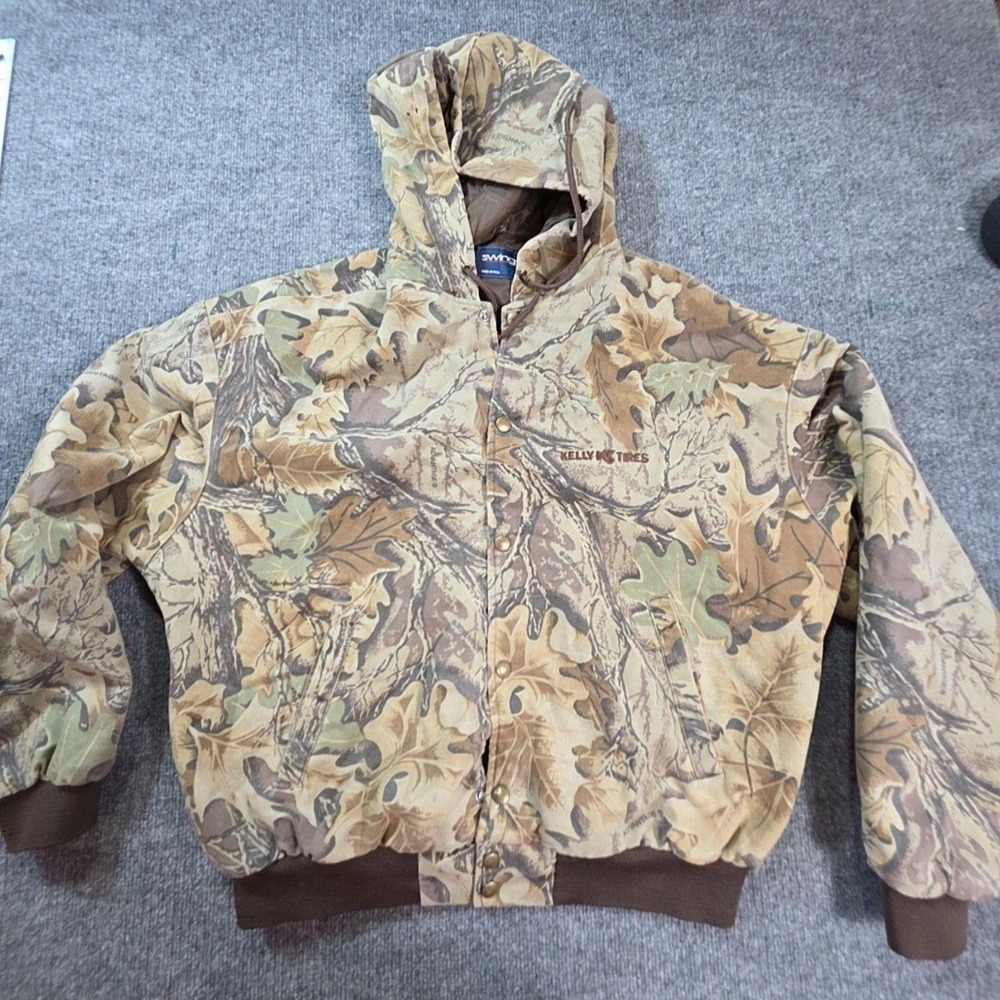 Vintage Swingster Jacket Mens Large Camo Hooded Bomber Kelly Tires USA Made